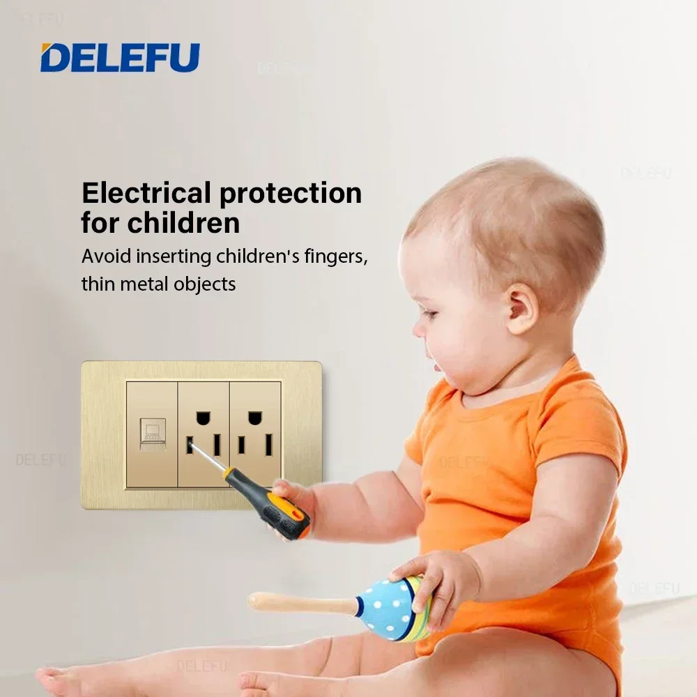 DELEFU Gold PC brushed panel American Standard series 118*74mm wall computer combination socket switch