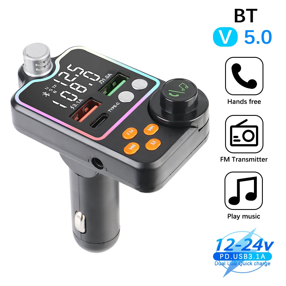 

Car Music Receiver FM Transmitter MP3 Player Type C Dual USB Car Charger FM Modulator Wireless 5.0 Handsfree Car Kit