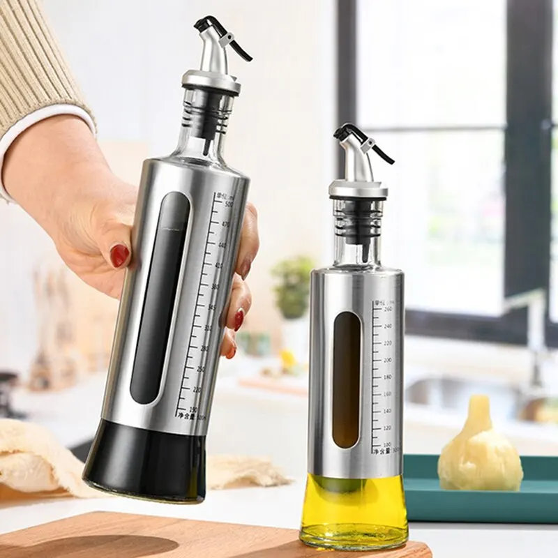 1PC 300ML Kitchen Supplies Stainless Steel Oiler Glass Bottle Scale Visible Oil Pot Seasoning Sauce Bottle Kitchen Supplies