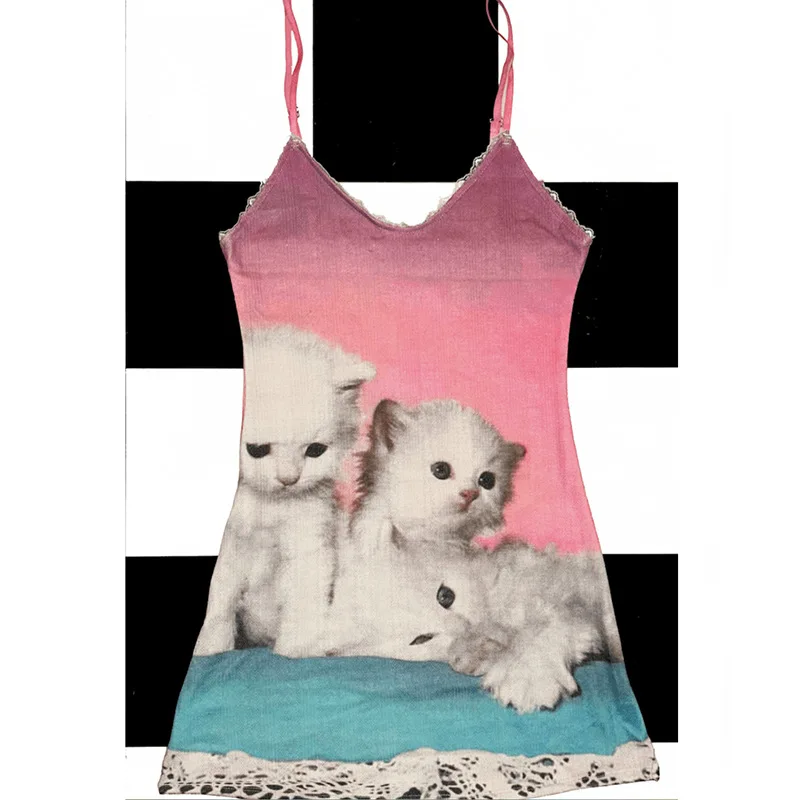 Y2K Katzen-Print-Kleid Europäisch-Amerikanischer Sommer Retro Rosa Pure Desire Trägerkleid