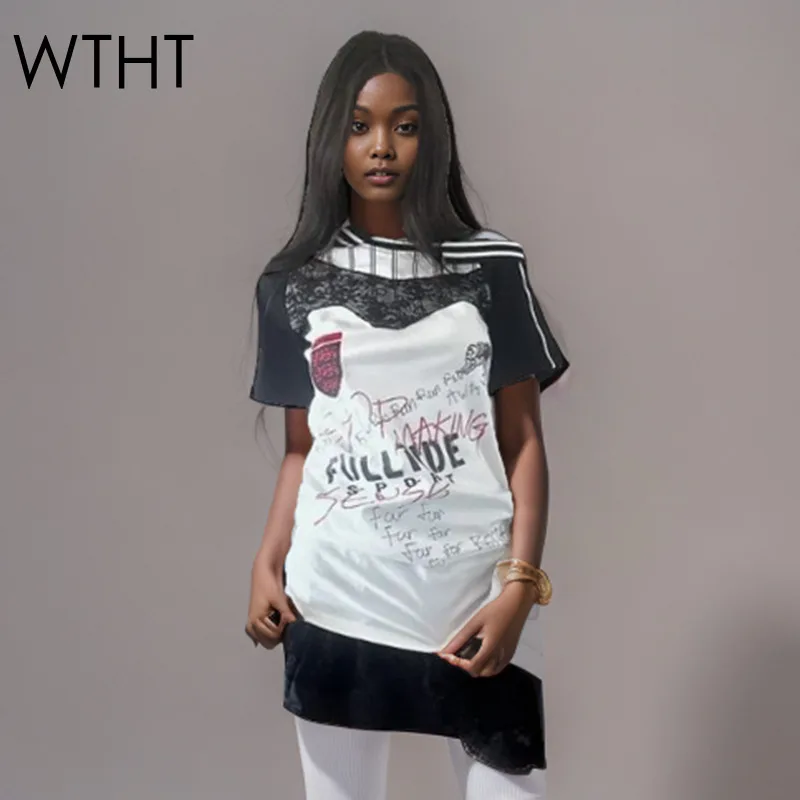 

WTHT Trendy 2025 Summer Women’s Irregular Spliced Lace Letter Print Dress New Fashion Loose Short Sleeves Dresses Female 1LS1440