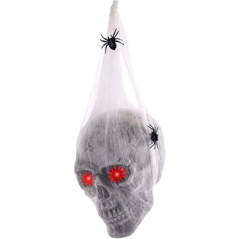 ABNL Halloween Decorations Animatronics Skull Head With Light Up Eyes, Cobwebs And Spiders Scary Horror For Haunted House Party
