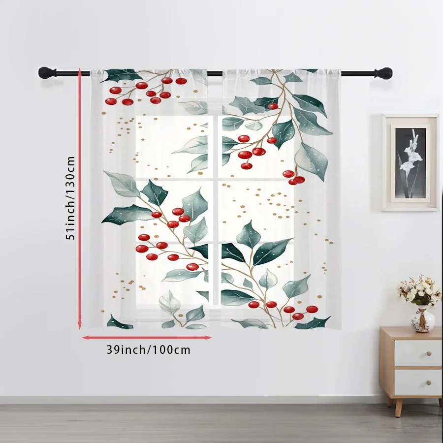 Elegant Green Leaf and Red Berry Print Curtains for Living Room Home Decor Light Filtering Window Panels