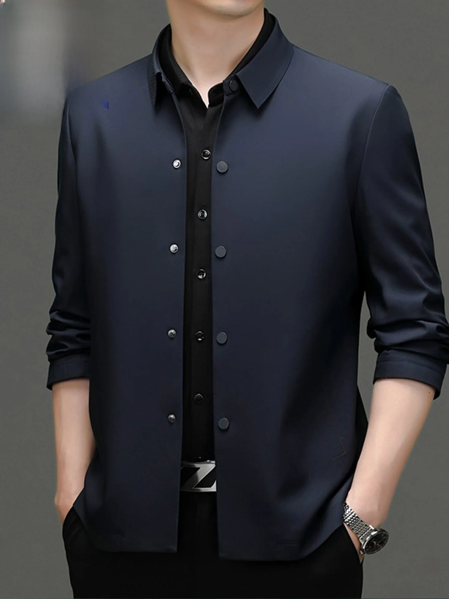 

Busin Casual Woodpeer Jaet Men's Midlife Faion Button Decorated Anti-Wrinkle Stand Fit Spring Autumn Outerwear