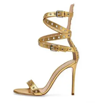 Apricot Gold Sliver Leather Eyelet Metal Buckle High Heel Sandals Round Open Toe Cross Strap Thin Heels Sandals Boots Women Shoe