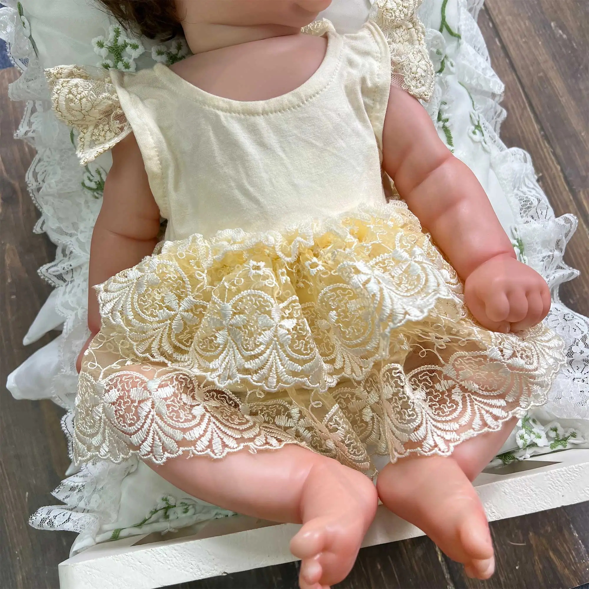 Don&Judy Modal Newborn Romper with Double Layer Embroidered Lace Skirt Ruffle Sleeves Baby Girl Photo Prop Infant Clothing