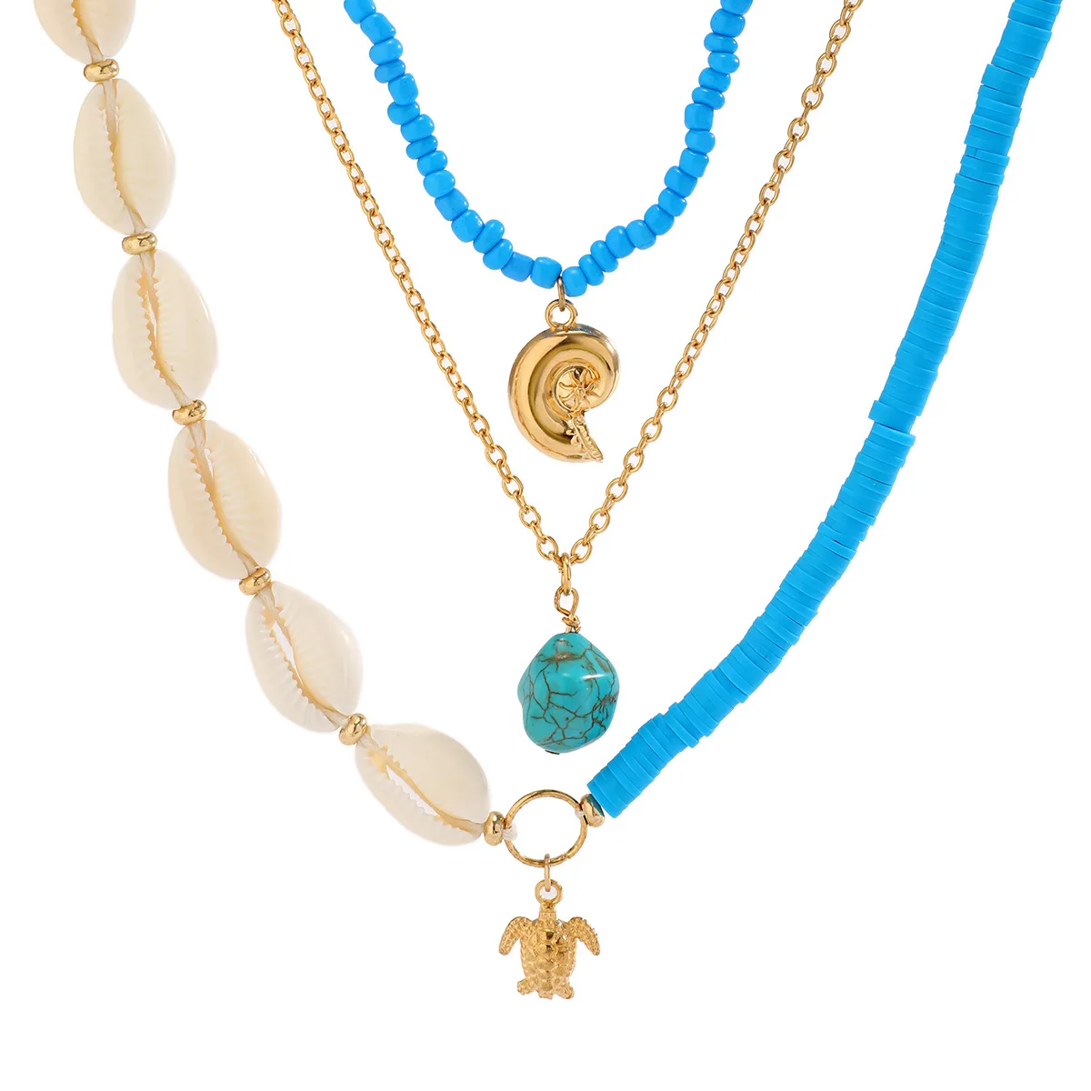 Multilayer Personality Blue Irregular Natural Stone Pendant Sea Turtles Necklace Small Conch Beads Handmade Wove Choker Jewelry
