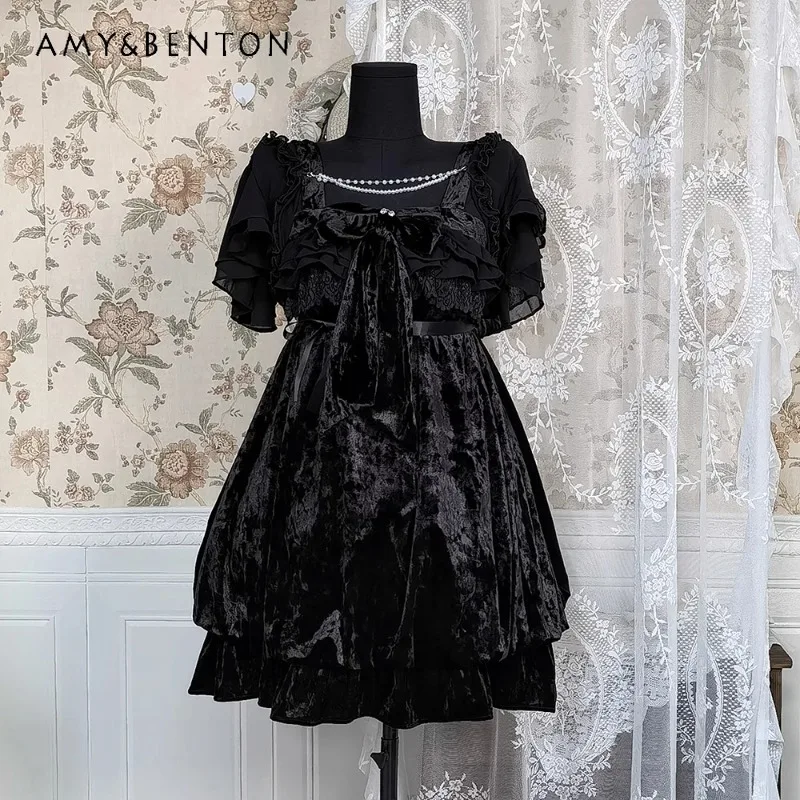 

2025 New Japanese Spring Summer Black Velvet Waist Daily Light Lo Dark Gothic Lolita Subculture Dress For Women