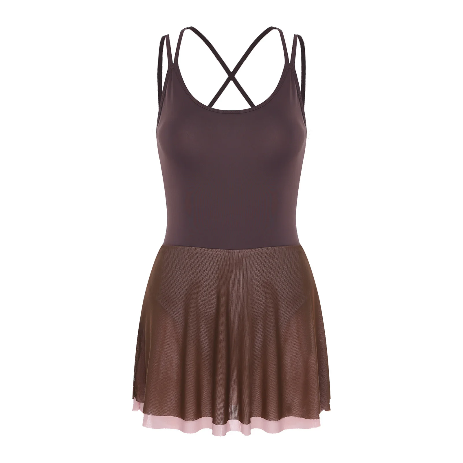 

Womens Ballet Dance Costume Removable Pads Color Block Mesh Hem Built-in Briefs Leotard Dress Figure Skating Lyrical Dancewear