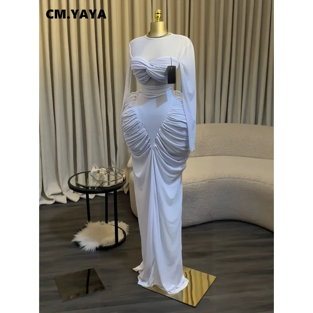CM.YAYA Women Long Sleeve Patchwork Ruched Smock Maxi Long Dress 2026 Sexy Girl Vacation Trendy Party Birthday Dresses Vestidos