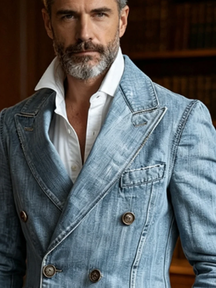 Men's Blue Distressed Denim Double Breasted Blazer Slim High Quality Casual Fashion Street Business Party Fashion Suit Jacket 4