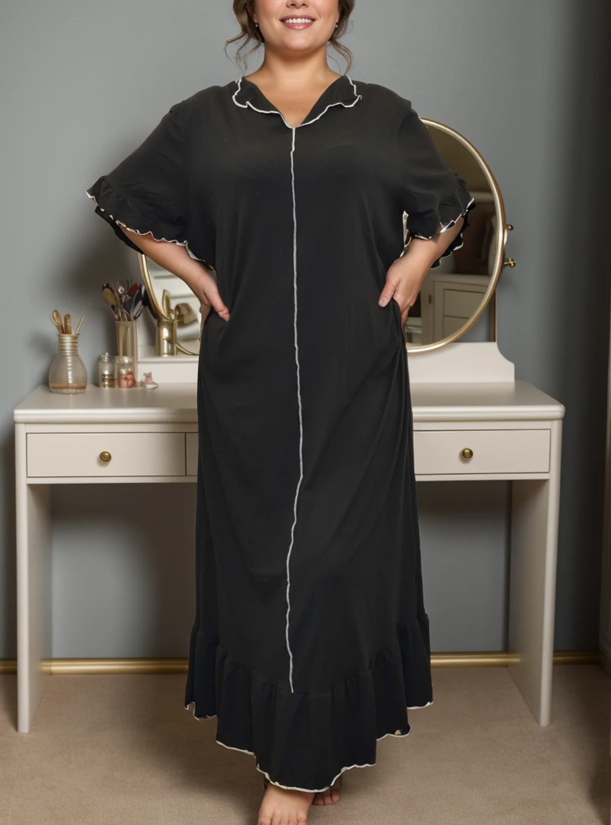 

Plus Size Women's Nightdress Black Elegant Ruffle Short Sleeve Midi Dress Summer Breathable Casual Loungewear