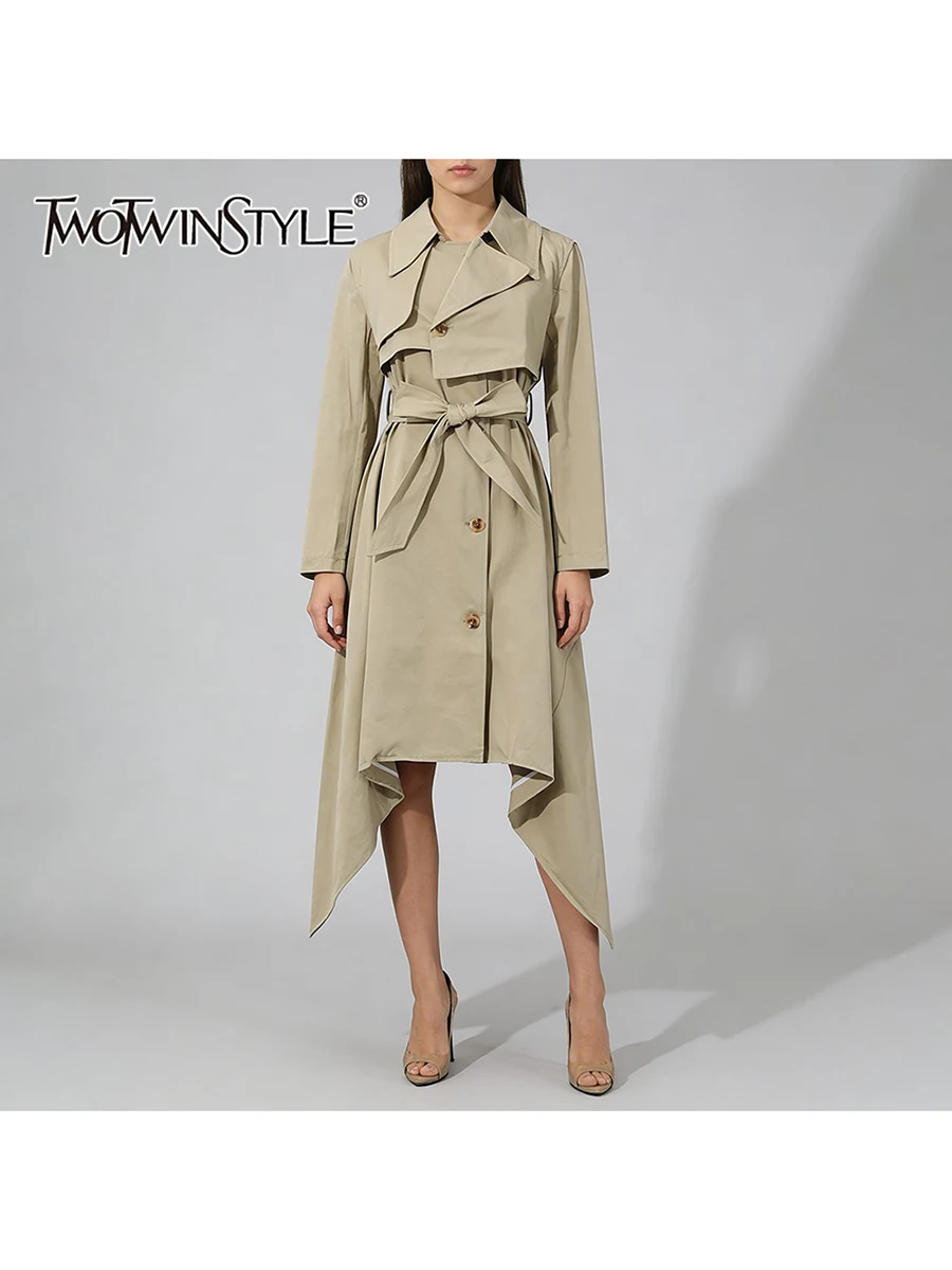 

Модный женский тренч TWOTWINSTYLE с кружевными вставками и шнуровкой, асимметричный, с отложным воротником, длинными рукавами, завышенной талией, повседневный, женская одежда