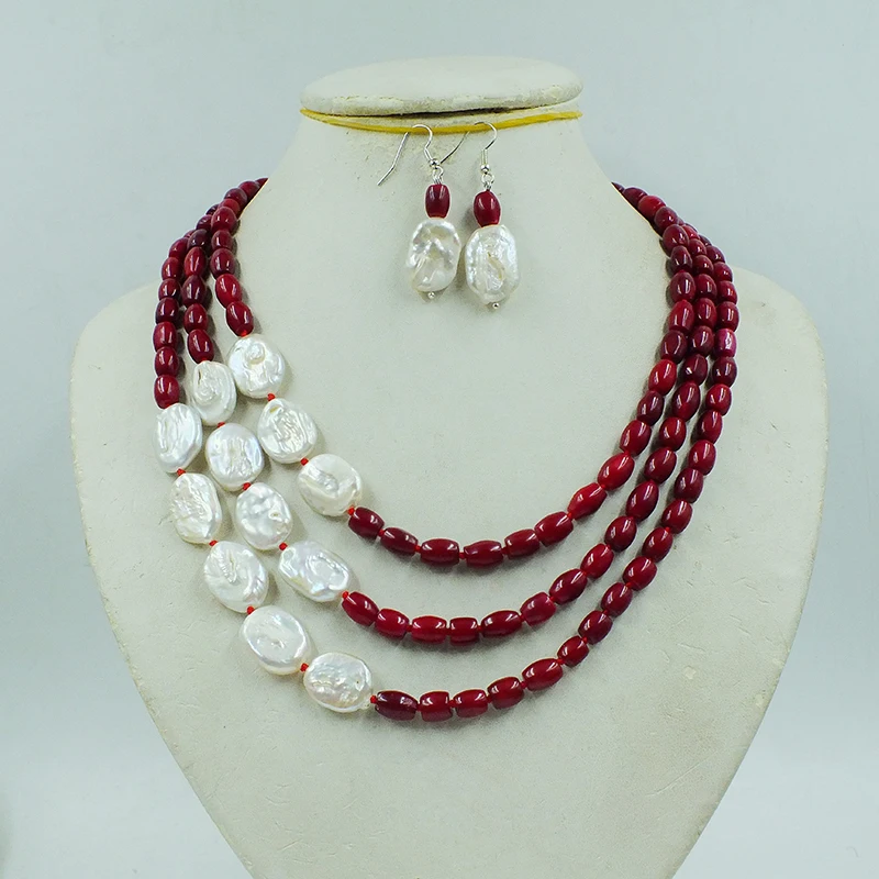 

Absolutely perfect. 3 Rows 6mm Natural Coral Baroque Pearl Necklace Earring Set 18-23”