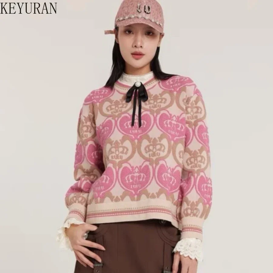 Pull jacquard à manches longues et col rond pour femmes, pull Kawaii doux, pull rose, tricots Yrer vintage, filles douces