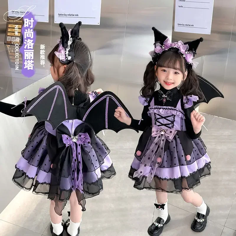 

Kuromi Anime Kawaii Sanrio Hooded Dress Fashion Spring Autumn Cute Cartoon Children Wear Clothing Birthday Gifts for Kids