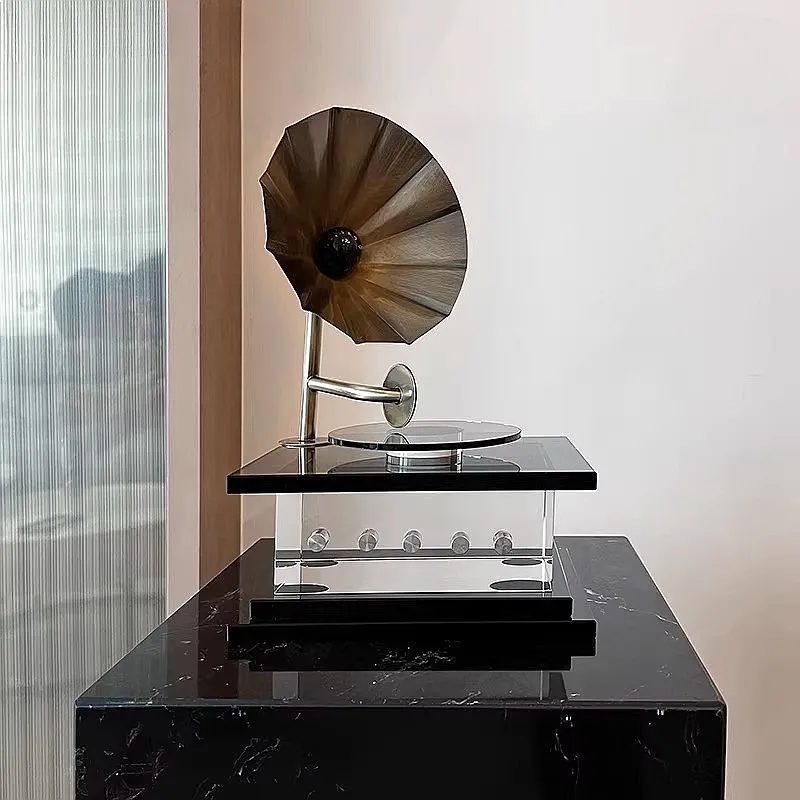 Vintage Crystal Record Player Decor Retro Phonograph Sculpture for Desk Shelf Office Home Gift