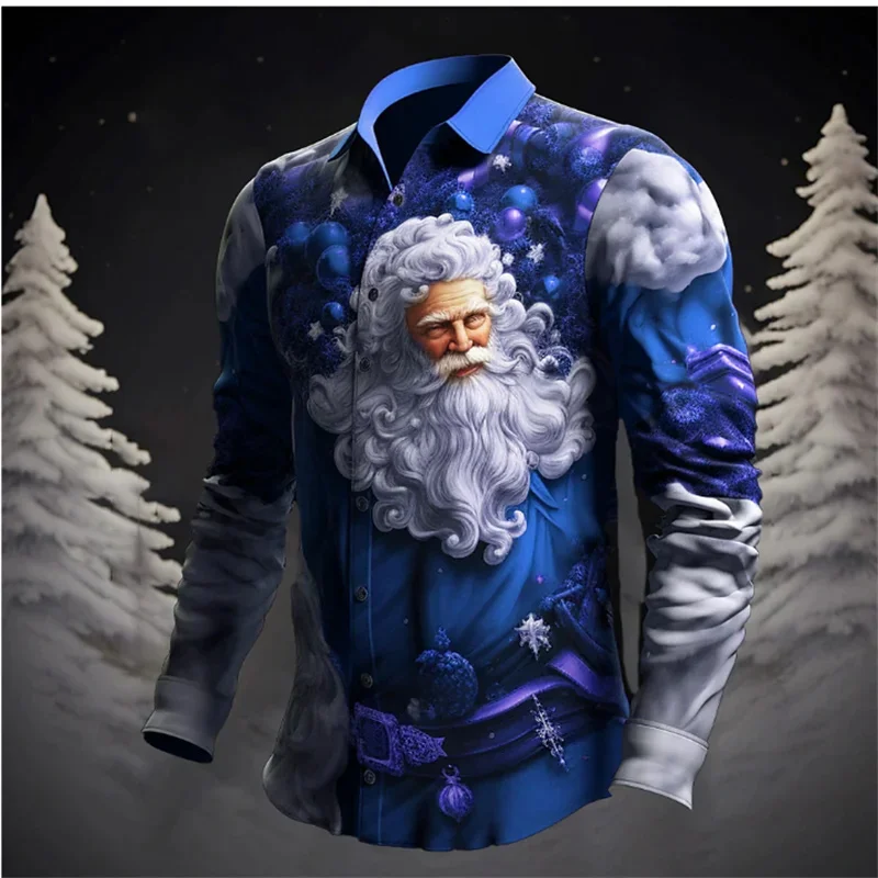 Santa Claus Christmas Tree Casual Men's Shirt Christmas Autumn and Winter Long Sleeve XS-6XL Four-way Stretch Fabric Shirt