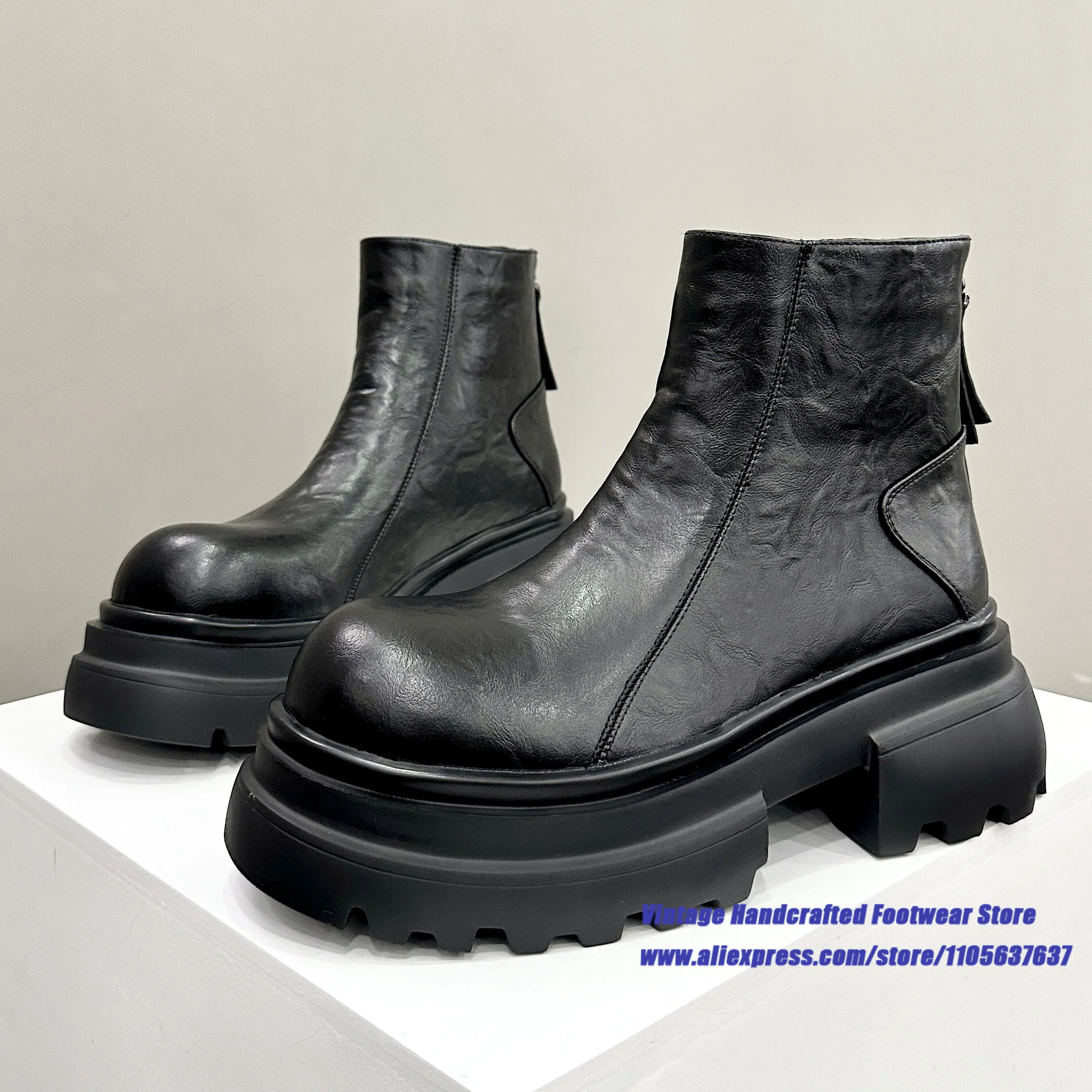 Black Leather Thick Platform Sole Chelsea Boots for Men Back Zipper Gothic Punk Street Booties ﻿Vintage Handcrafted Men's Boots