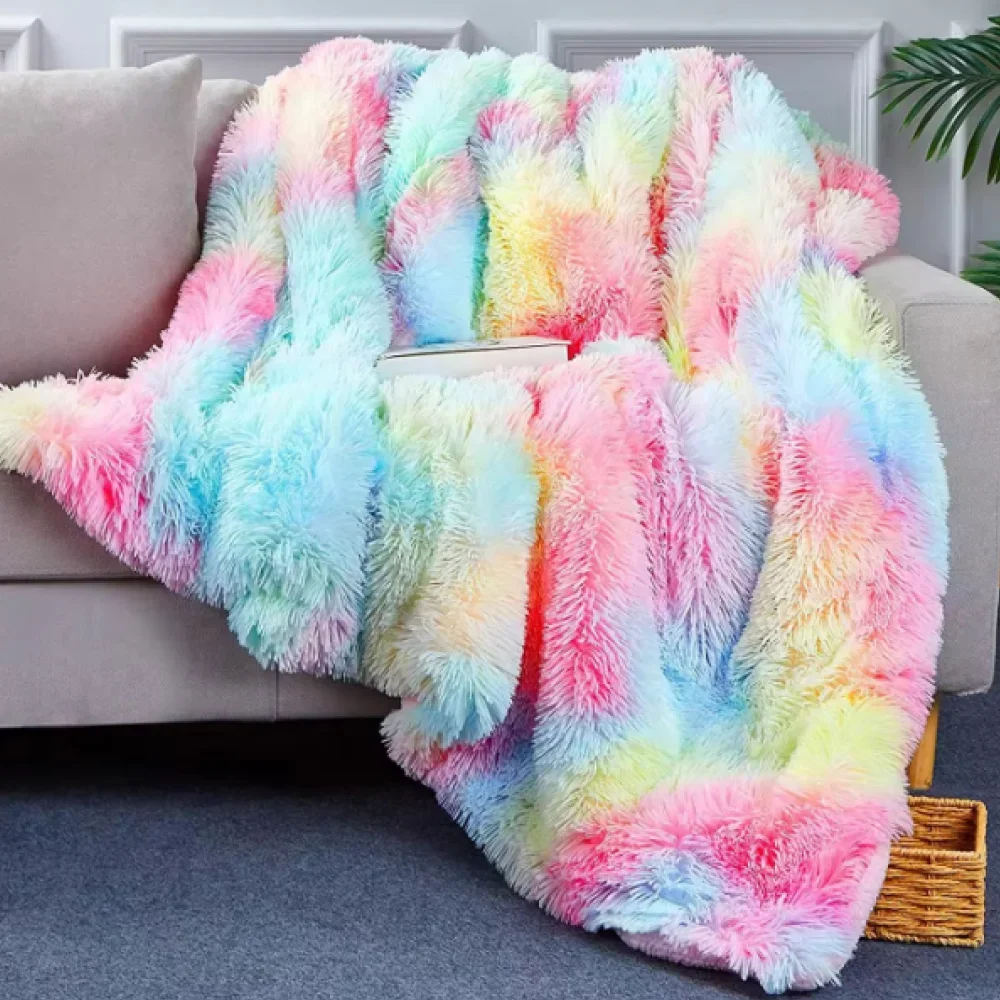 

Супер теплое радужное одеяло из нечеткого искусственного меха с высоким ворсом, пушистое, уютное, элегантное украшение