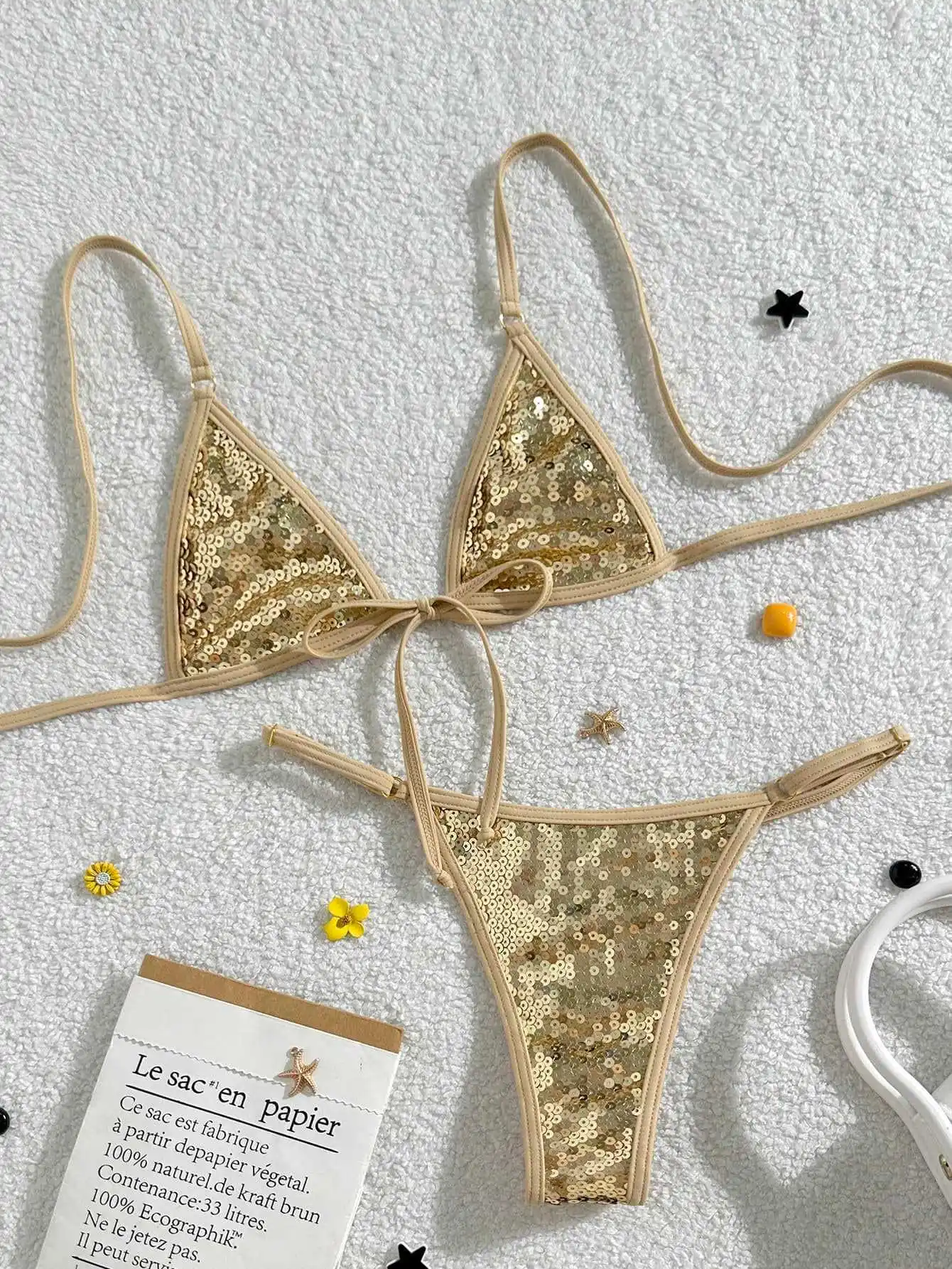 sexy gold sequin micro bikinis sets two pieces back tie thong swimsuits bathing suit swimwear biquini tankini trikini