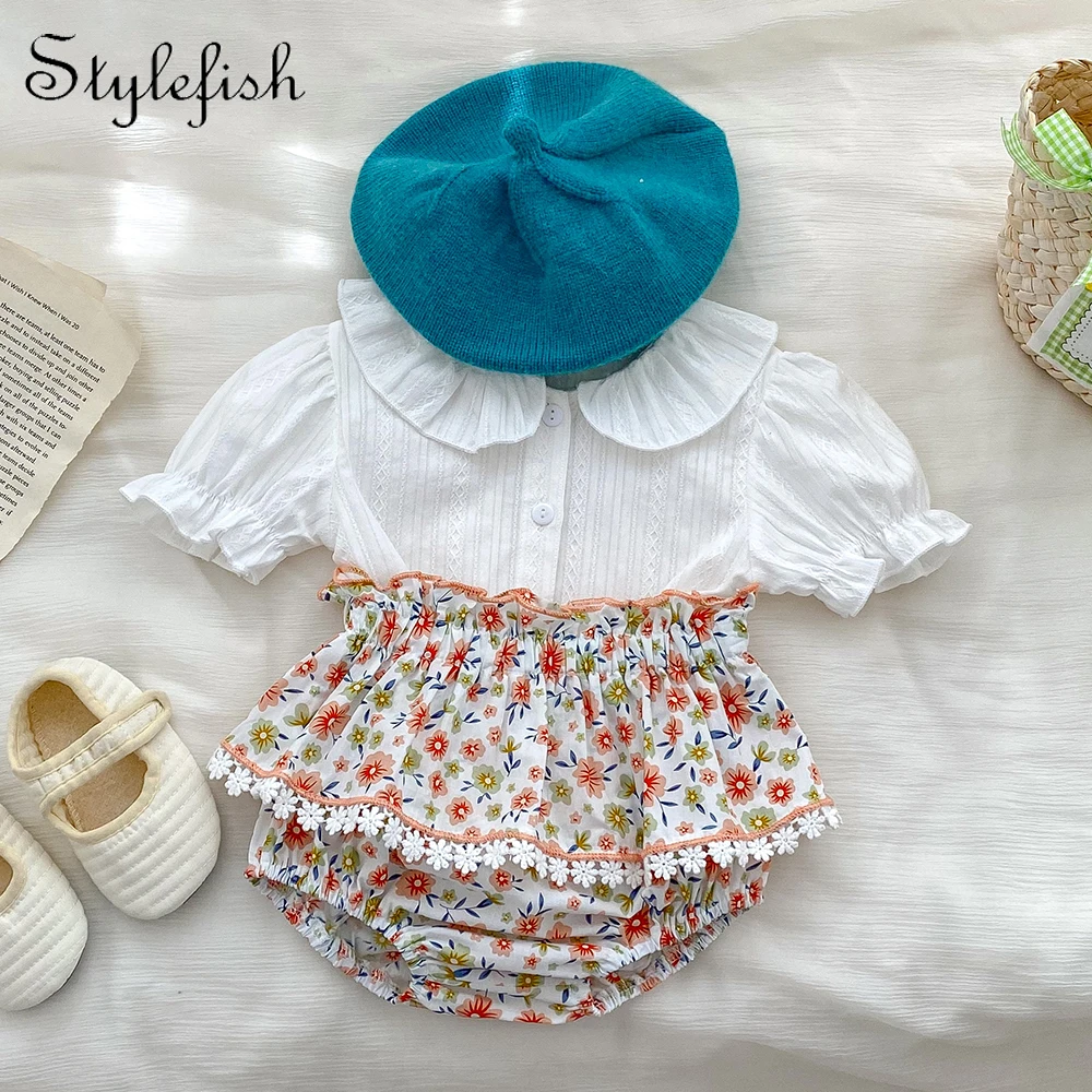 Summer New INS Infant Clothing Small Fresh Bubble Sleeve Top+Checkered Flower Skirt Pants 2 Piece Girl Clothing Set