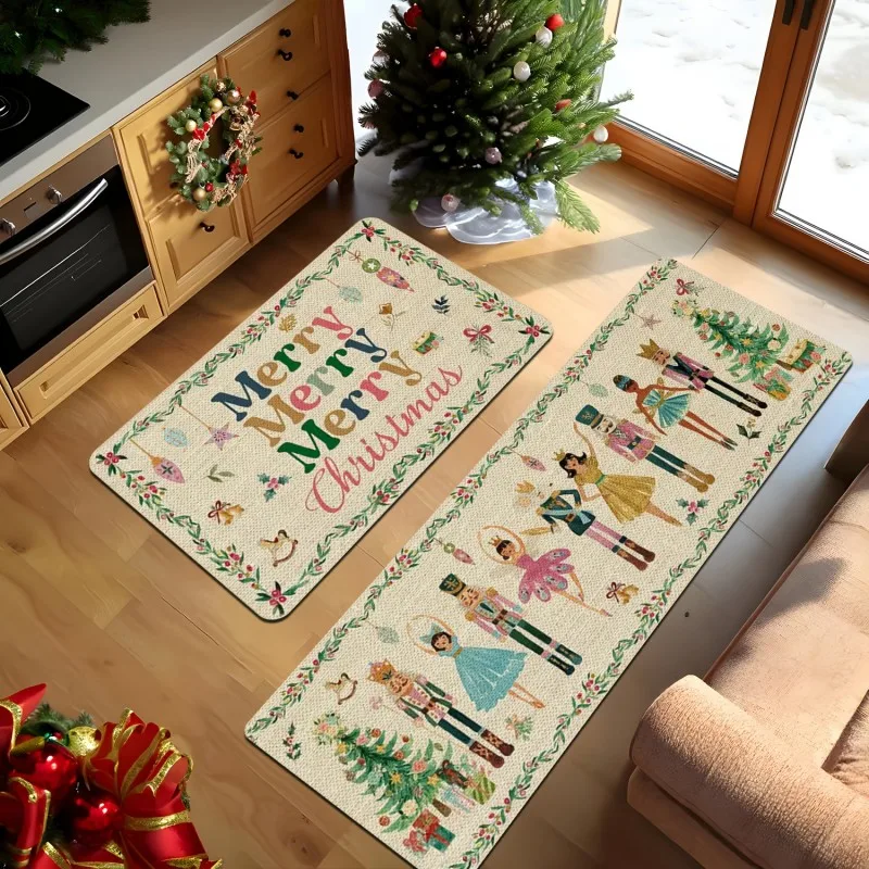 VIKAMA 1/2pcs Pink Plaid Christmas Tree Snowflake Kitchen Rug Durable Machine Washable Kitchen Sink Holiday Decor Home Decor