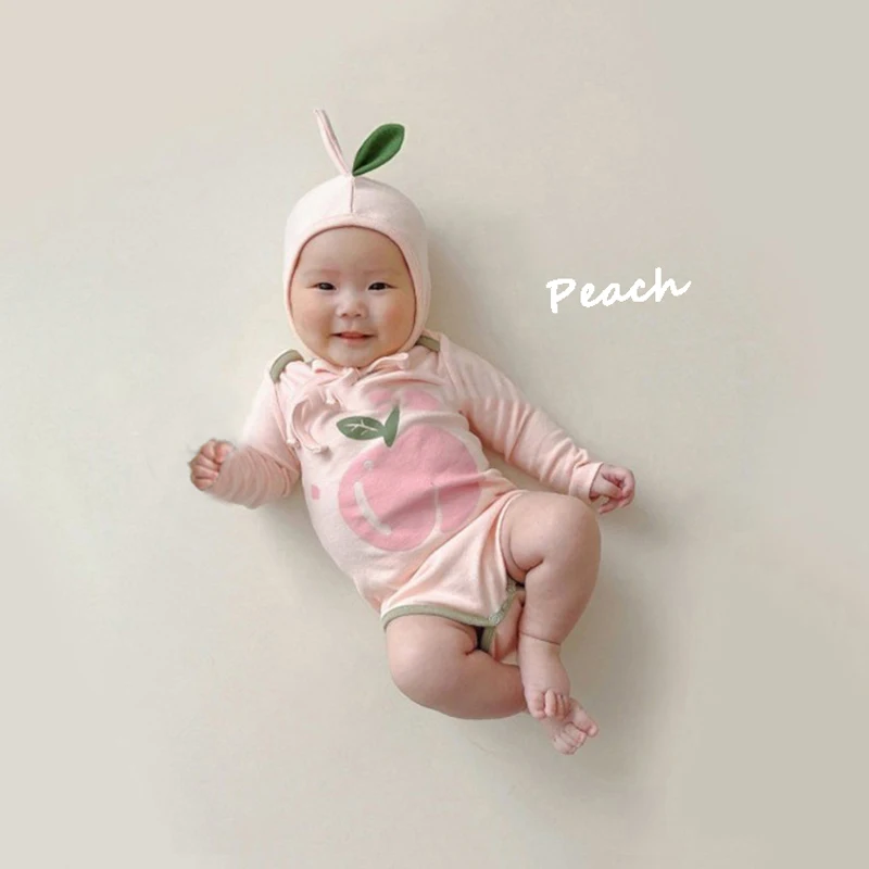 Ins Baby Rompers Fruit Print Boys Girls Cotton Long Sleeve Romper Hat 2pcs Sets Peach Pearl Cute Jumpsuit Bodysuit