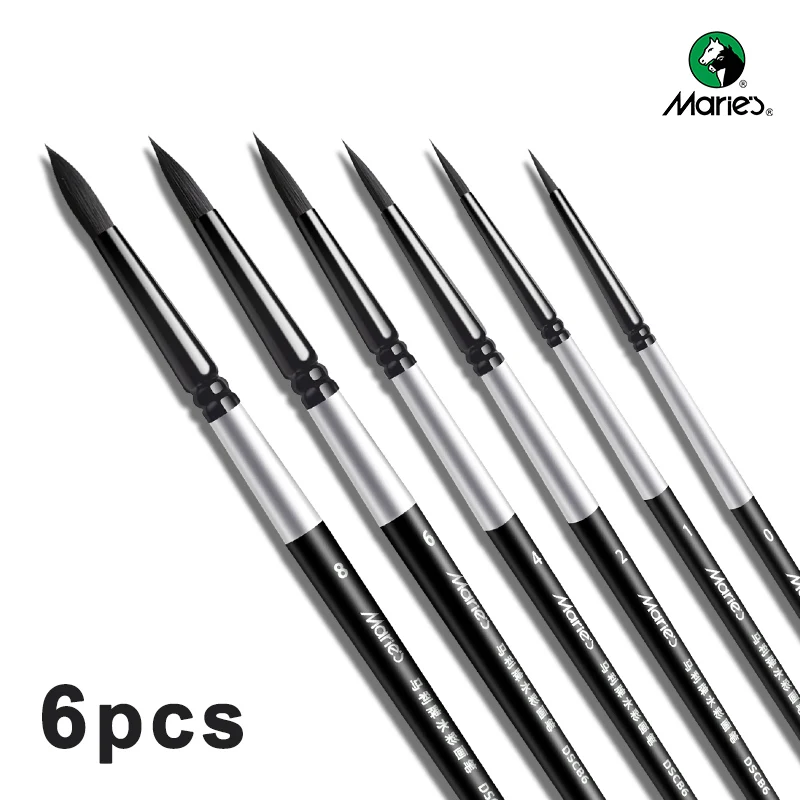 

Набор из 6 круглых кистей Marie's с футляром для акварели, художественные принадлежности для художников и взрослых, подарок на день рождения