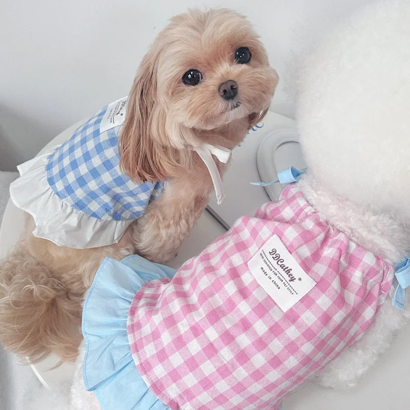 

Pet Clothes Spring/Summe Puppy Bow Dresses Checkered Tank Top New Teddy Small Shirt Thin Cat Puppy Clothes Cooling Vest for Dog