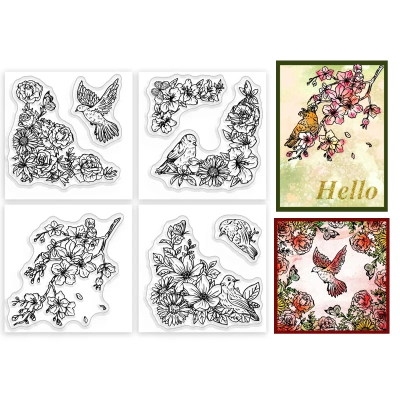 4Pcs Mini Flower Bird Corners Clear Stamps for DIY Scrapbooking Silicone Stamp Seals Transparent Stamps for Cards Making Photo