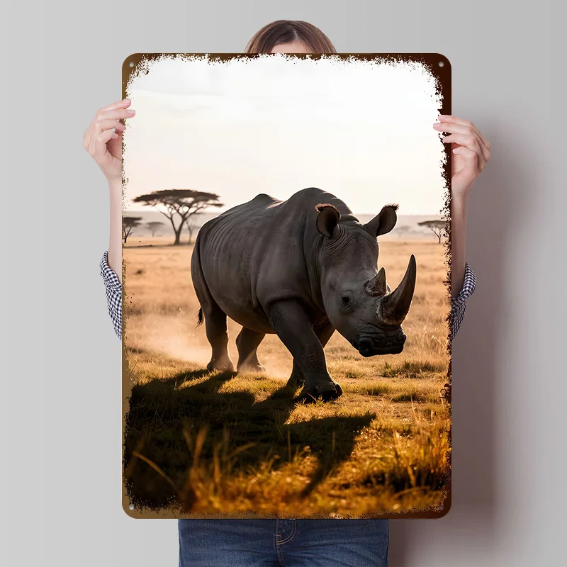Rhino Walking in the Savanna Printing Poster Customized Retro Wall Art Vintage Metal Signs for Decoration Home Decor Items House