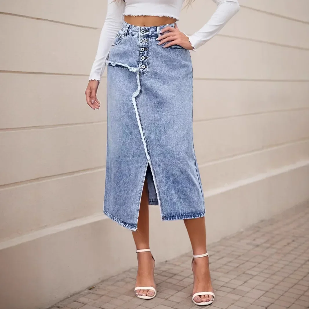 

Women Denim Skirt Irregular Frayed Stretch Vintage Distressed Washed Pockets Buttons 2025 Female Streetwear Split Long Skirts