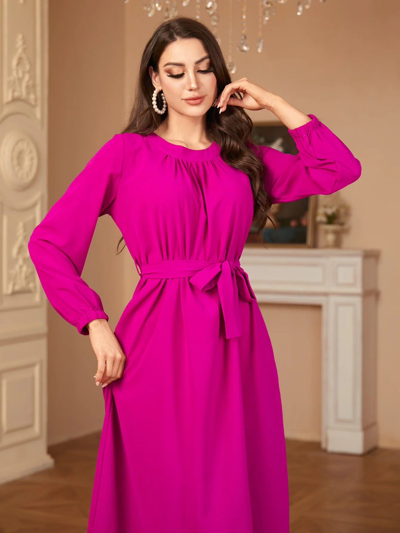 Vintage Sukienka Letnia Jednolity Kolor Szlafrok Damski Turcja Vestido Kaftan Kobiety Sznurowana Moda Dekolt O Długi Rękaw Muzułmańska Abaja Sukienka 2024