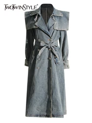 TWOTWINSTYLE Chic Denim Trench per le donne risvolto manica lunga cintura da lavoro tunica tasche impiombate lungo Trench moda femminile