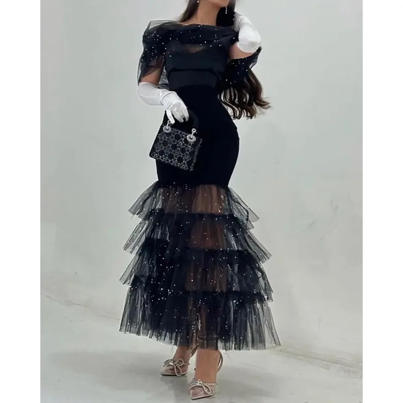 Sexy Fashion Off Shoulder Ruffle Evening Long Dress Y2K Clothes Vestidos Mesh Corset Bodycon Party Dress for Women 2023