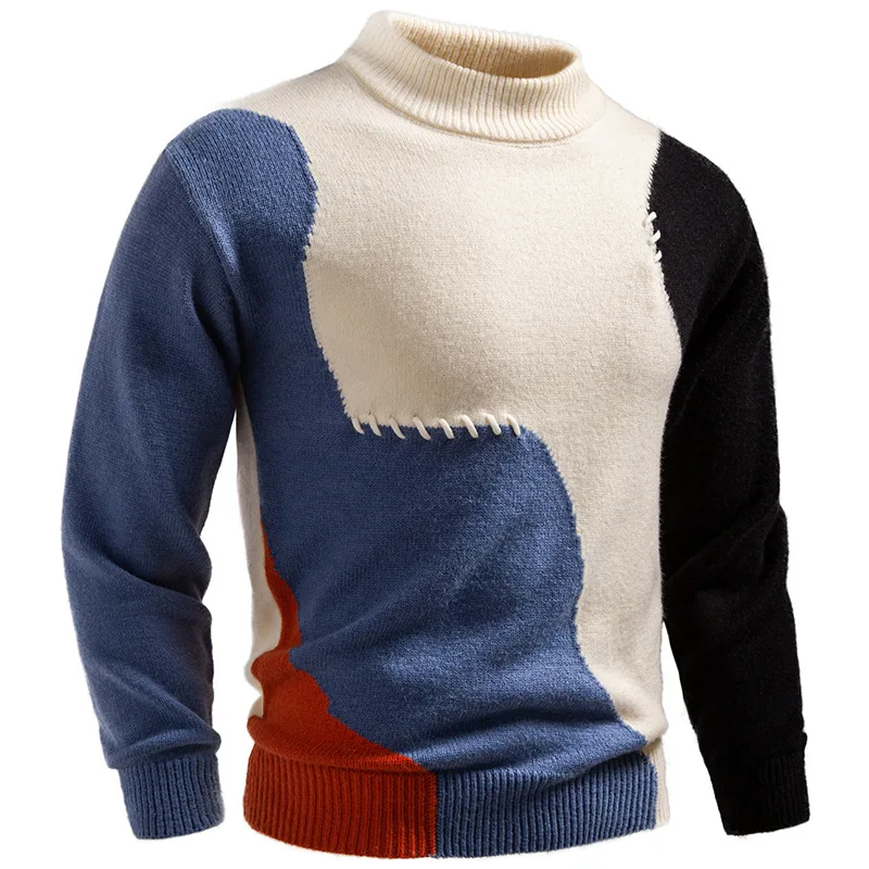 

Stylish Patchwork Mens Sweaters Autumn Winter New Casual Long Sleeve Turtleneck Sweater For Men Daily Leisure Slim Jumper Tops
