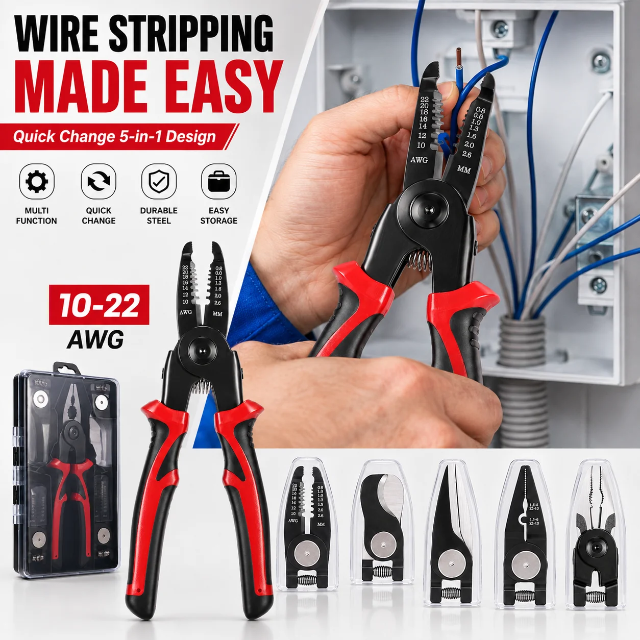 5-in-1 Multi Pliers Set, Interchangeable Wire Stripper Crimper Cable Cutter Metal Shears Combination Pliers with Storage Case
