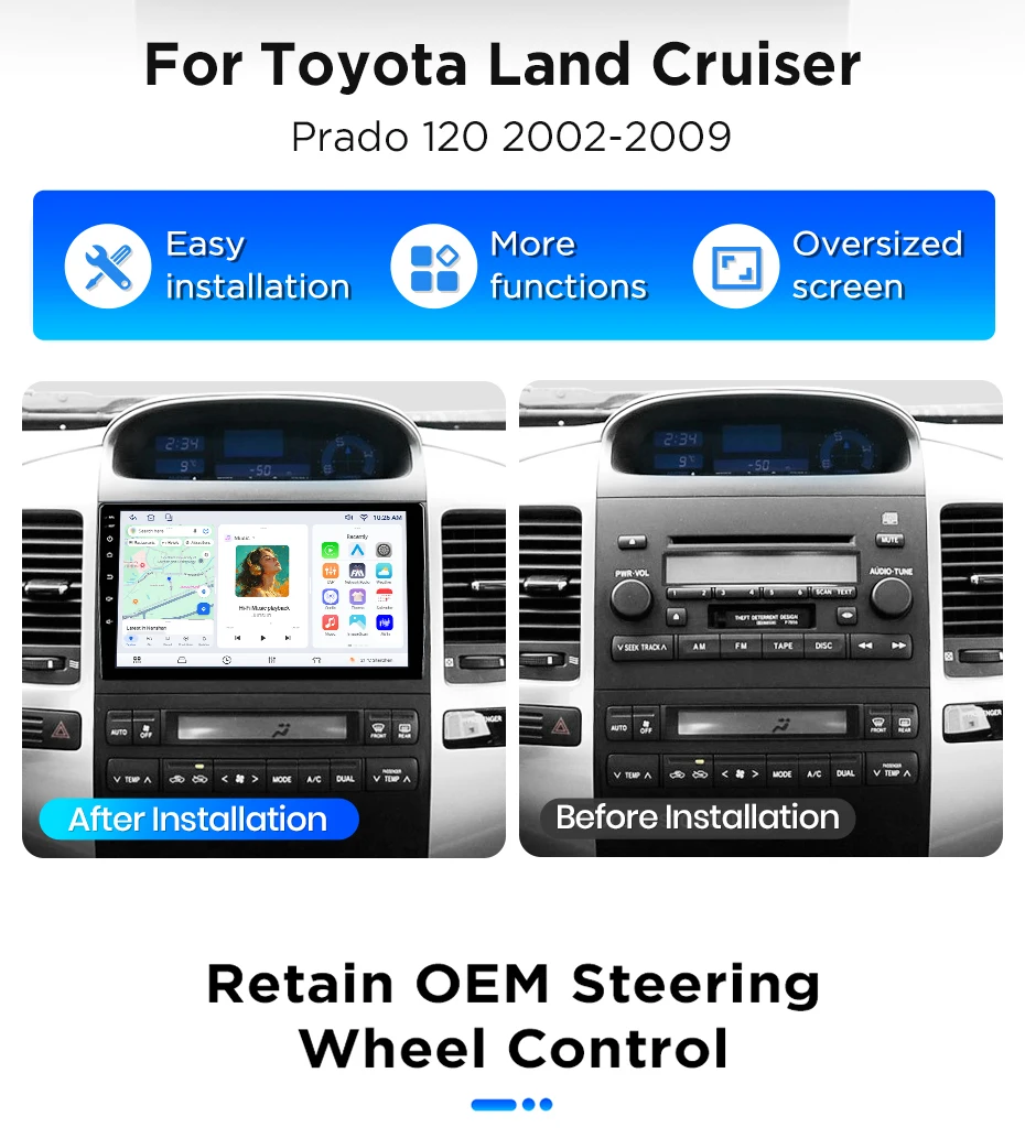 Junsun Android 15 Intelligente Autosysteme für Toyota Land Cruiser Prado 120 3 III Lexus GX4 J120 2002-2009 AI Wireless CarPlay – Detail 5