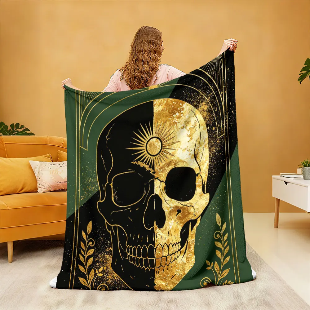 1pc retro black gold yin yang skull print flannel blanket leisure sofas or taking a nap during breaks at work