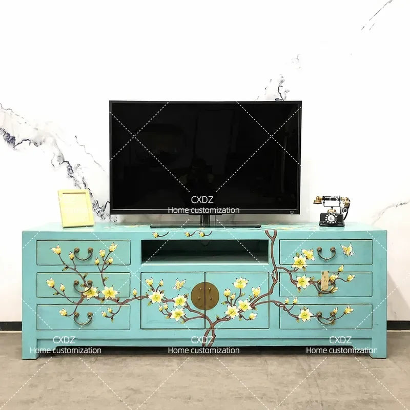 New Chinese Style Solid Wood TV Cabinet Black Simple Low Console Hand Painted Audio Visual Storage Unit Decorative Living