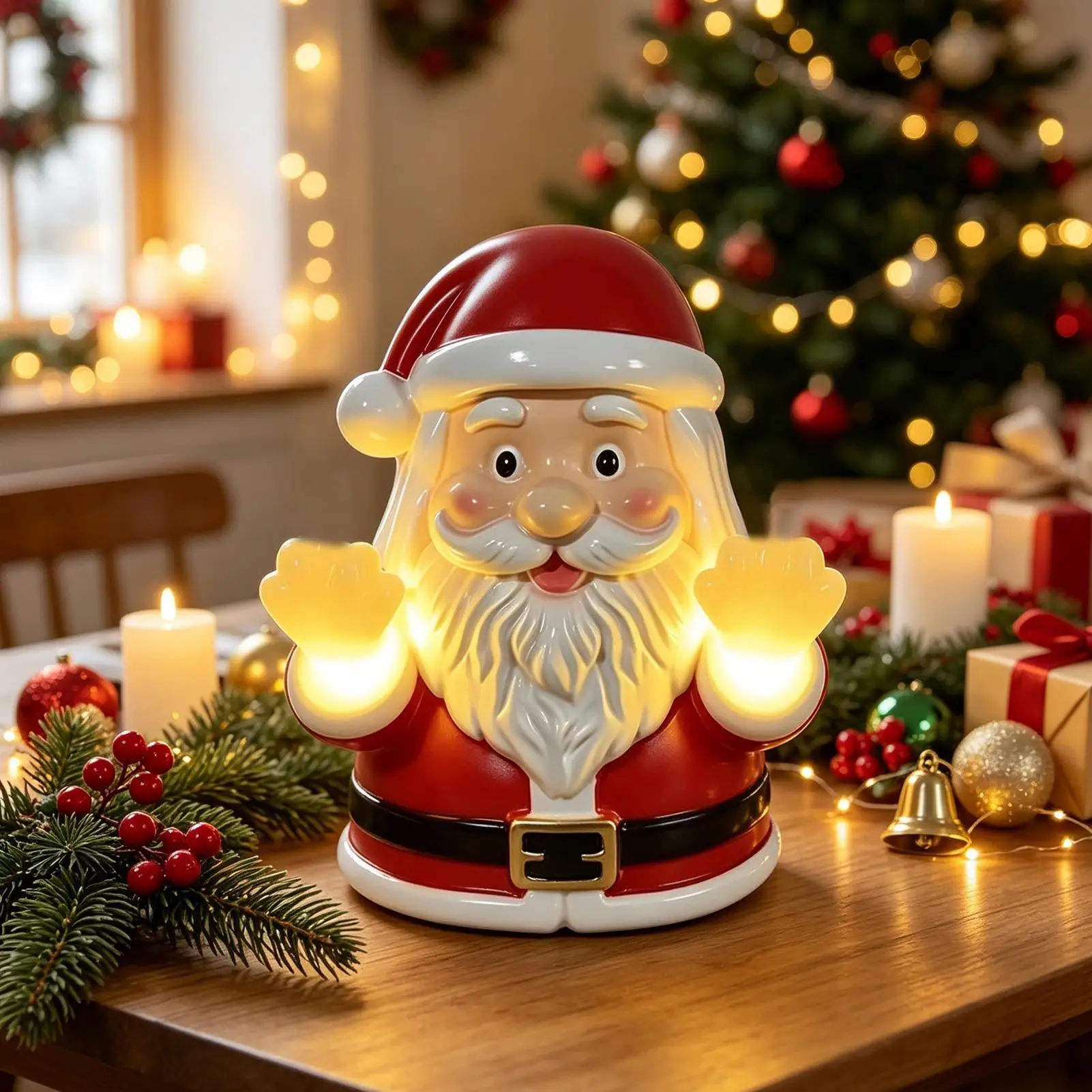 Santa Claus Figurine Funny Christmas LED Light Up Resin Statue Cute Holiday Sculptures Home Decor for Desktop Bookshelf Entryway