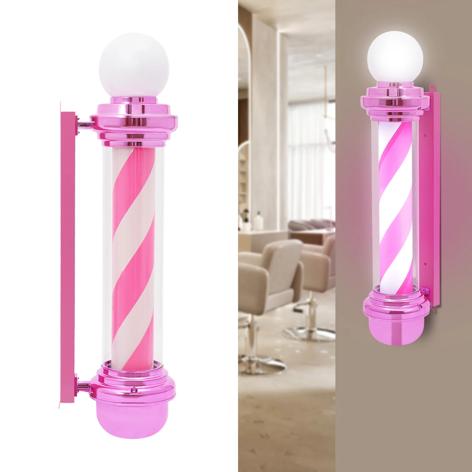 

85cm Plastic Barber Pole Light,Pink White Barber Pole with LED Light Wall Mounted for Barbershops,Beauty Stores