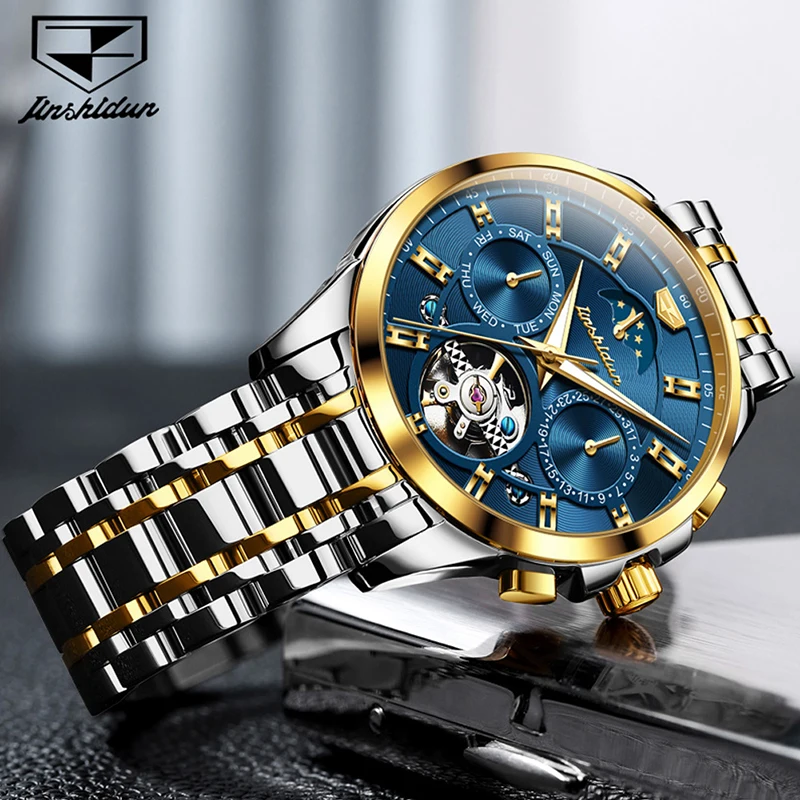 JSDUN orologi da uomo Top Brand Luxury Tourbillon orologio meccanico da uomo in acciaio inossidabile impermeabile Fashion Moon Phase Watch Men