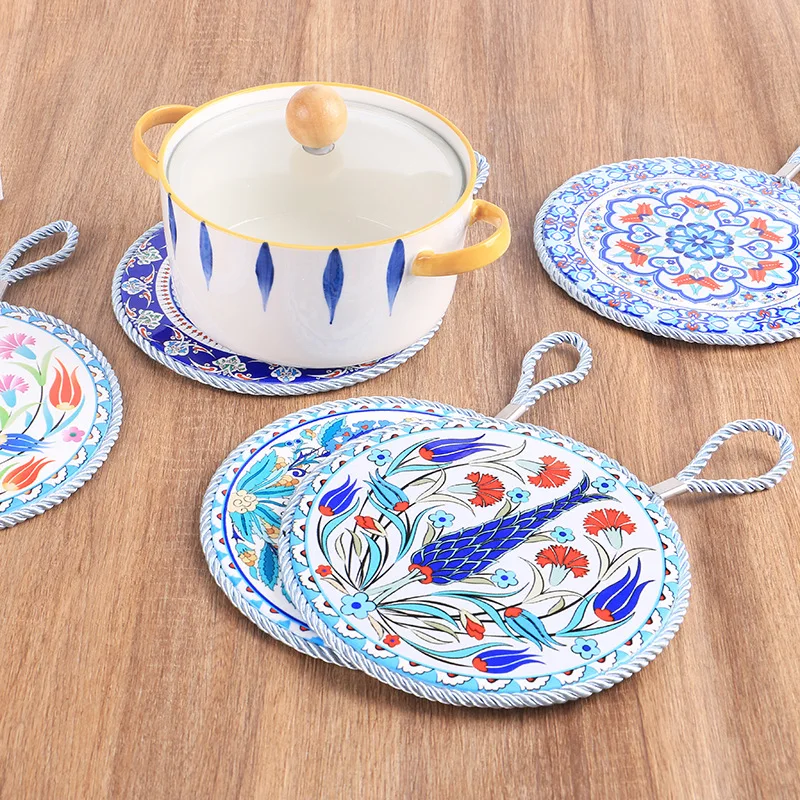 4pcs 6.3inch Vintage Patterns with Lanyard Absorbing Round Ceramic Coaster with Cork Base Tabletop Protection Mat for Kitchen