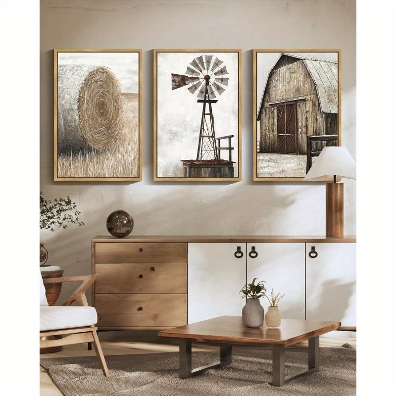 3pcs Set Canvas Poster Vintage Rural Barn Windmill Classic Retro Watercolor Landscape Frameless Living Room Wall Art Prints