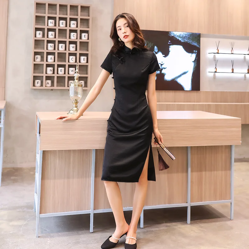 Yourqipao Summer Acetate Satin Double Layer Black Mid-length Elegant Cheongsam Chinese Traditional Evening Dress for Women