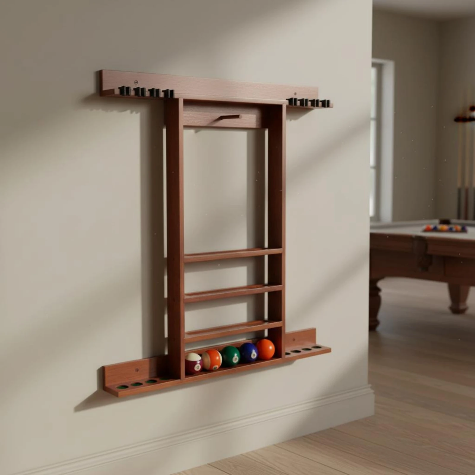 Wall Mounted Pool Cue Rack Sturdy Wood Wooden Billiard Stick Holder Pool Cue Wall Organizer Large Capacity Game Room Furniture