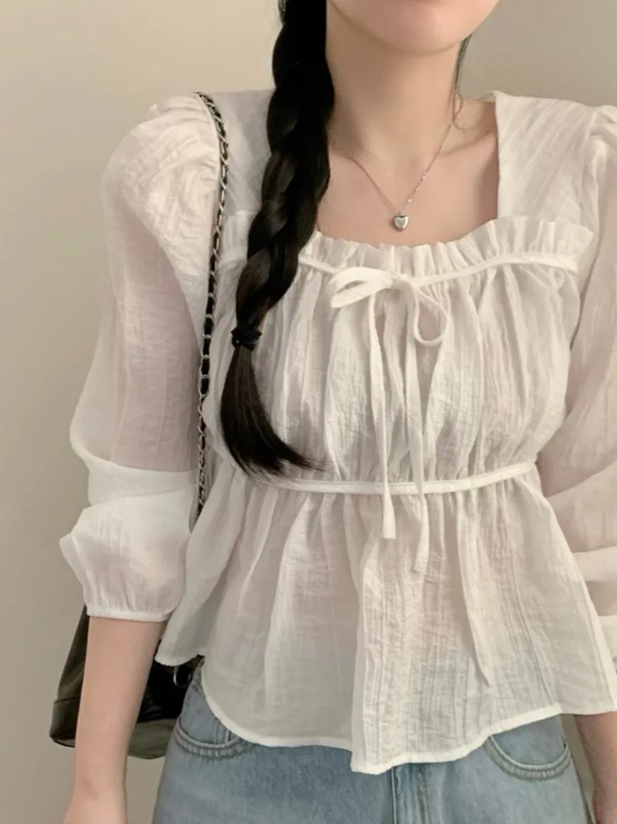 Korean Style Square Collar Drawstring Chiffon Shirt Women's Spring Long Sleeve Waist Cinched Bust Tied White Shirt