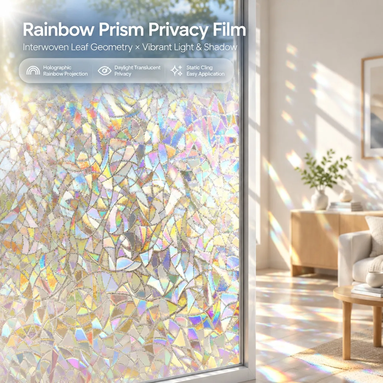 Film holographique pour fenêtre, effet mosaïque 3D, arc-en-ciel, autocollant d'intimité, film adhésif statique pour vitrage, décoration intérieure pou